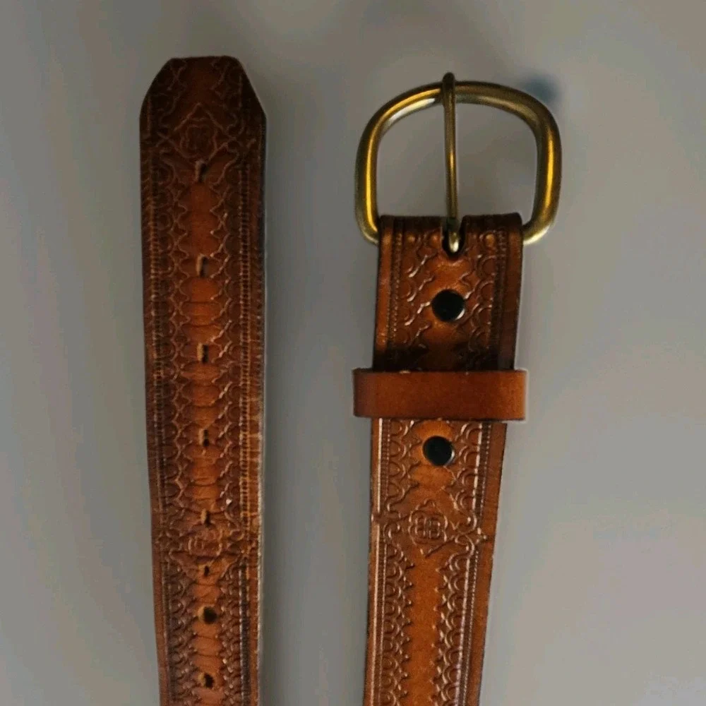 Vintage Chambers Belt Co Tooled Leather Belt USA Brown Brass Mens 38 Cowboy